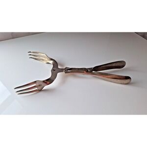 Vintage Metal Double Fork Mechanical‎ Hinged Salad Tongs Serving Piece